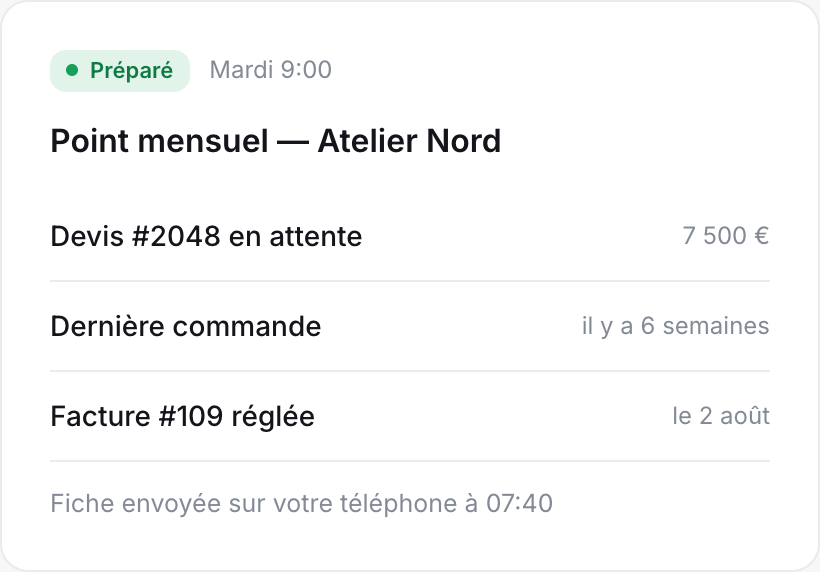 Un rendez-vous préparé : le point mensuel avec Atelier Nord, le devis en attente, la dernière commande et la dernière facture