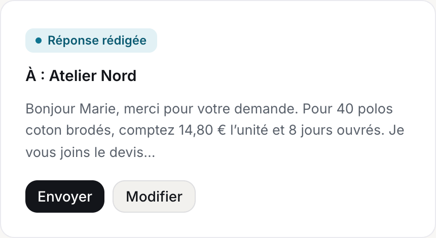 Une réponse rédigée à Atelier Nord, avec les boutons envoyer et modifier